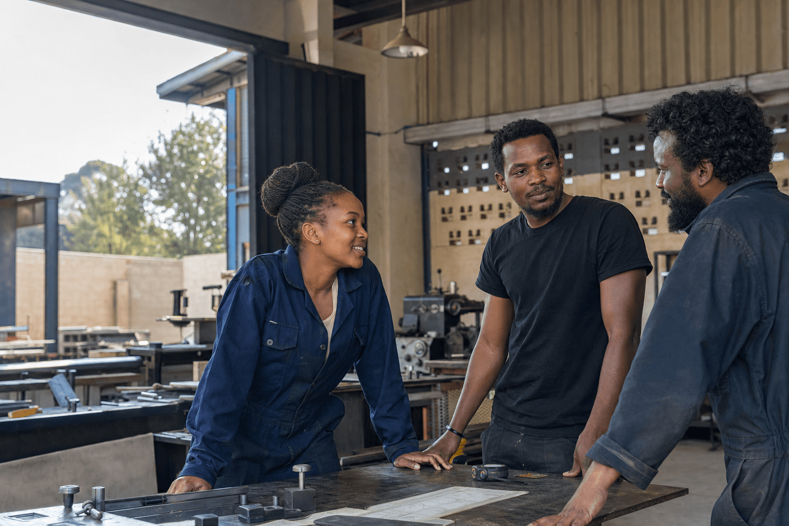 East African engineers collaborating in a modern fabrication workshop