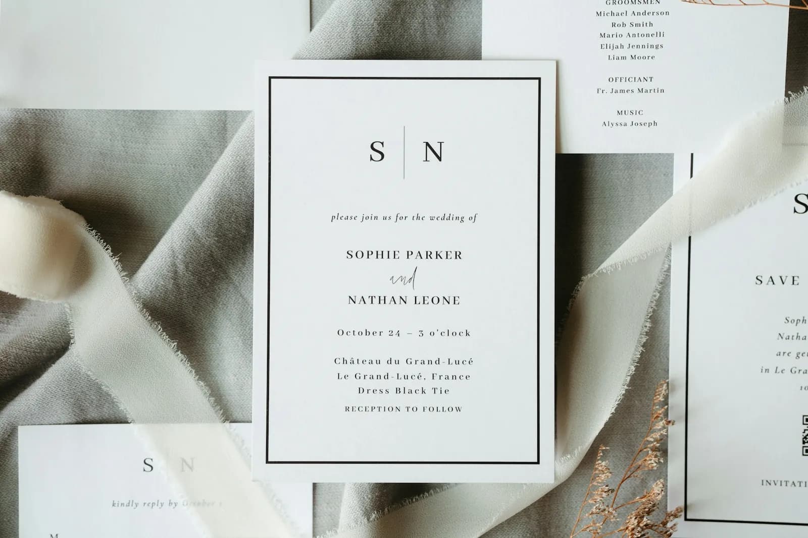 Elegant invitation stationery arranged on a table